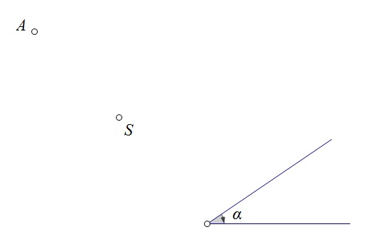 Na slici je prikaz zadane točke A koju treba rotirati oko središta S rotacije za zadani kut rotacije minus alfa