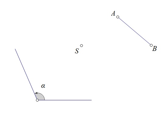Slika prikazuje zadanu dužinu AB koju trena rotirati za zadani pozitivni kut oko zadanog središta rotacije S