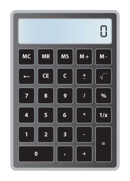 Na slici je prikazan jednostavni kalkulator (džepno računalo) s osnovnim računskim operacijama i tipkom za računanje drugog korijena.