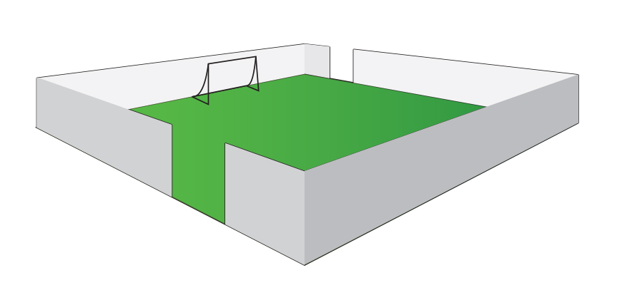 Slika prikazuje ogradu s dva ulaza na igralište kvadratnog oblika. Ulazi se nalaze na suprotnim stranama igrališta.
