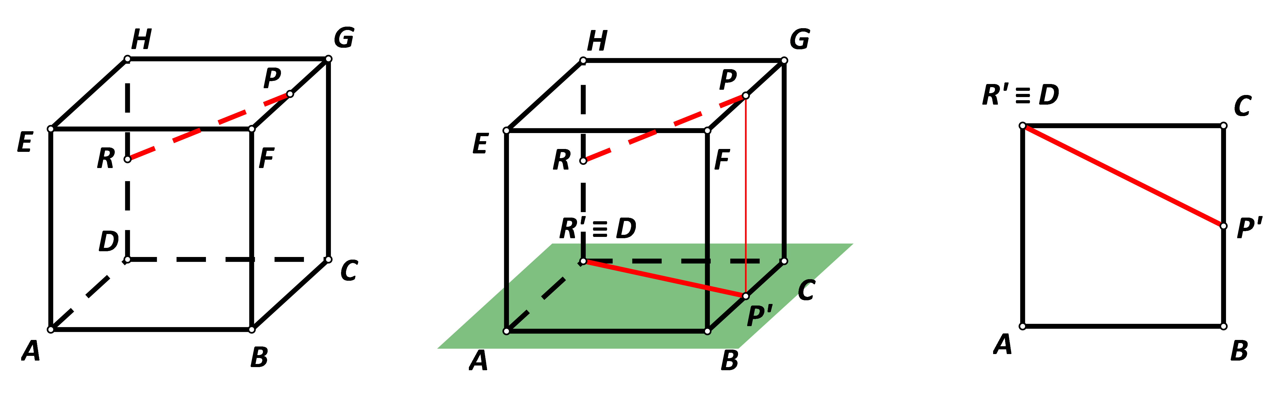 Slika prikazuje kocku ABCDEFGH i dužinu PR te njezinu ortogonalnu projekciju na zadanu ravninu.