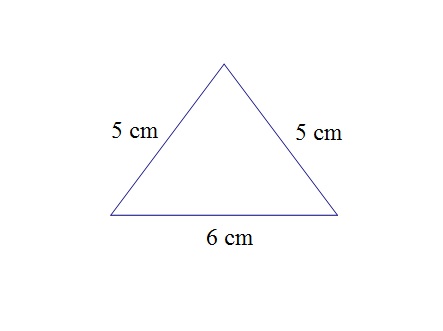 Slika prikazuje jednakokračni trokut sa krakovima duljine  5 i osnovicom duljine 6 centimetara