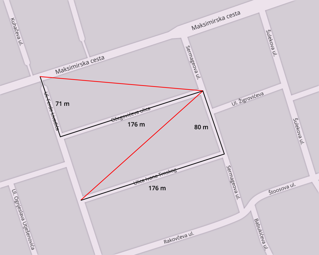 Slika plana dijela grada opisanog u zadatku.