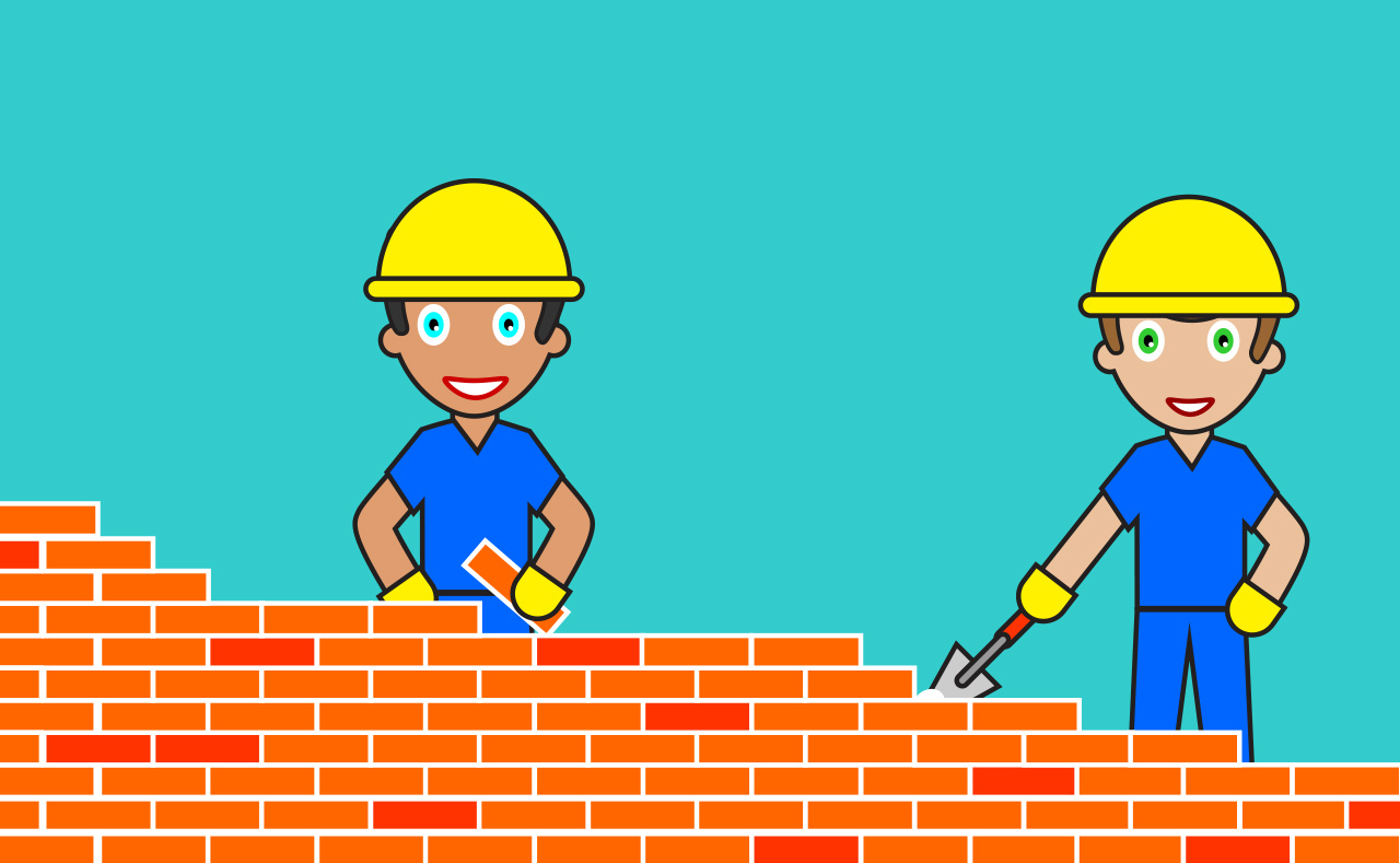 Ilustracija prikazuje radnike koji grade zid.