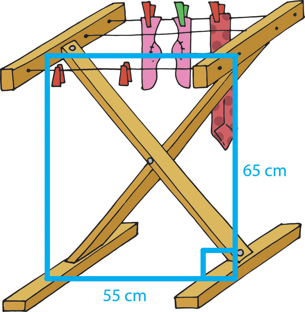 Na slici je prikazana drvena vješalica za sušenje rublja s istaknutim pravokutnikom i podacima potrebnim za rješavanje zadatka.