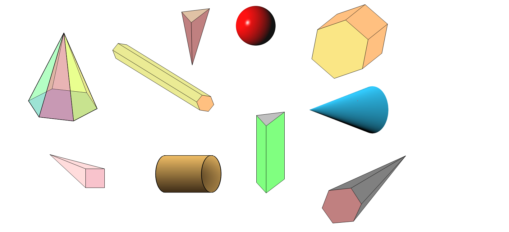 Slika prikazuje skupinu geometrijskih tijela.
