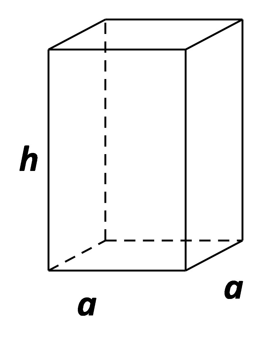 Slika prikazuje pravilnu uspravnu četverostranu prizmu s oznakom za duljinu brida baze a te visinu prizme h. .