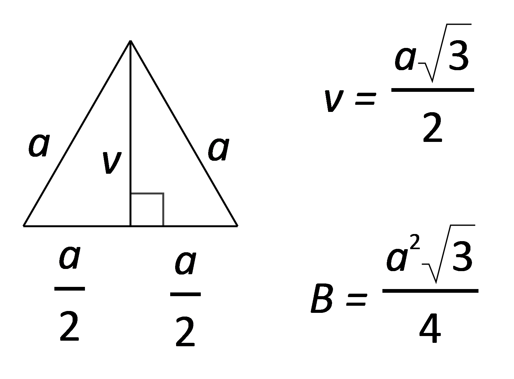 Slika prikazuje bazu pravilne trostrane prizme te formule za visinu i površinu baze.