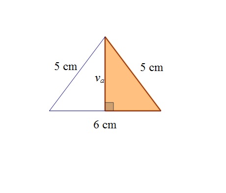 Slika prikazuje jednakokračni trokut sa krakovima duljine  5 i osnovicom duljine 6 centimetara. Istaknuta je visina na okomicu i tako nastao pravokutni trokut.
