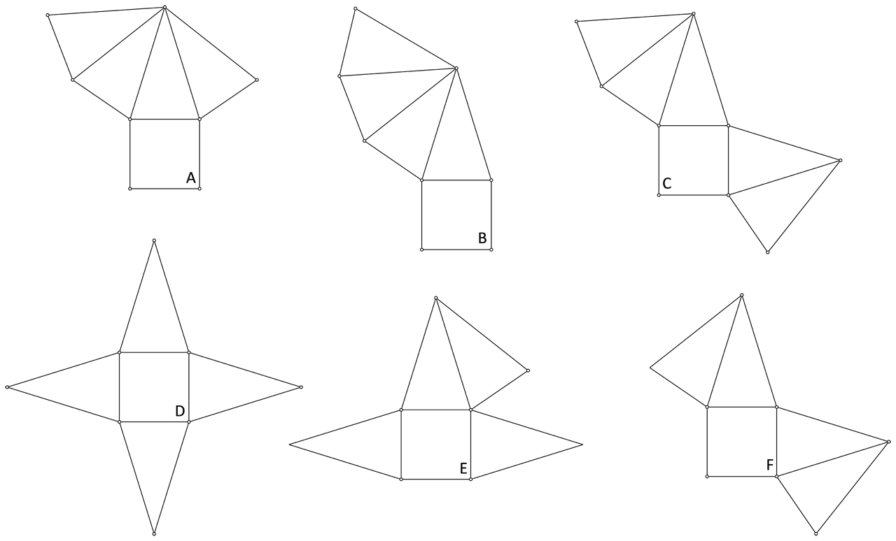 Slika prikazuje rezličite mreže pravilne četverostrane piramide