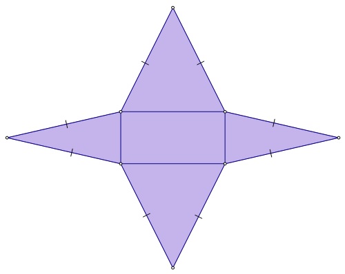 Na slici je pravokutnik nad čijim stranicama su jednakokračni trokuti sukladnih krakova