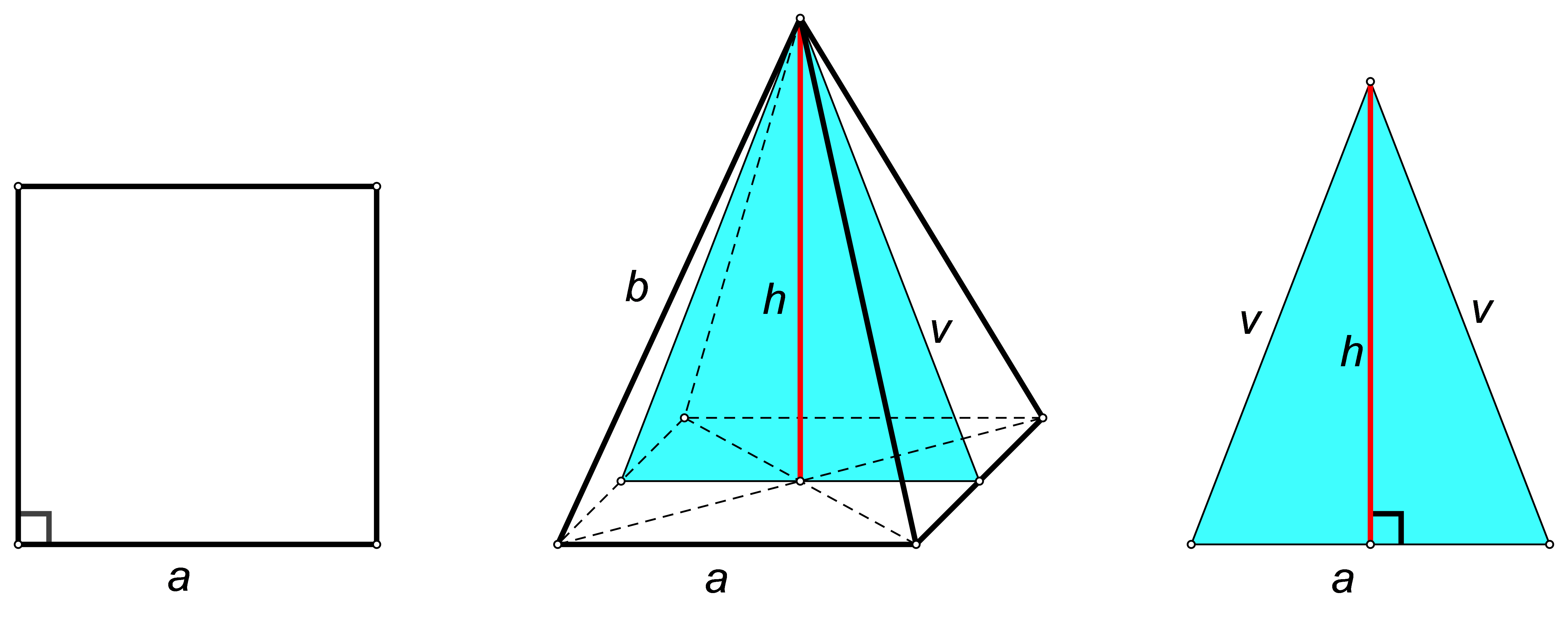 Slika prikazuje pravilnu četverostranu piramidu, njezinu bazu te presjek pravilne četverostrane piramide ravninom koja je određena njenim vrhom i polovištima dvaju nasuprotnih osnovnih bridova.