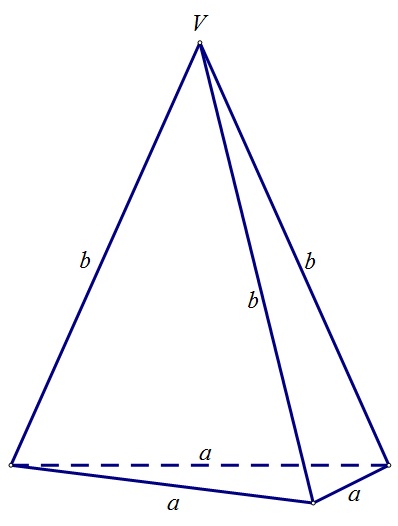 Slika prikazuje trostrana pravilnu piramidu s istaknutim duljinama bridova
