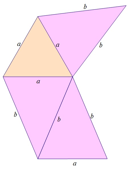 Na slici su prikazana dva jednakokračna trokuta spojena na krakovima te jednakostranični spojen s dva jednakokračna na osnovicama.