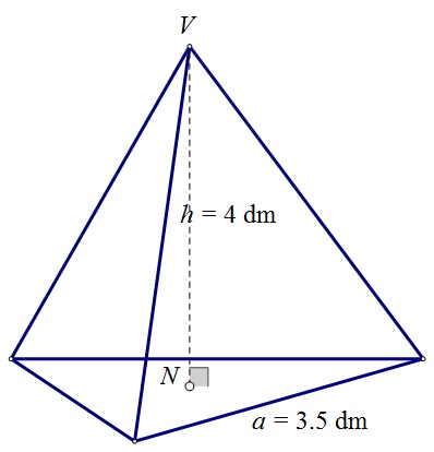 Slika prikazuje pravilnu trostranu piramidu s istaknutom duljinom visine i duljinom brida