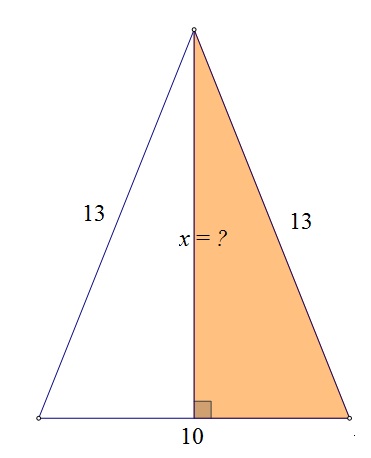 Na slici je jednakokračni trokut ABC s osnovicom duljine 10 i krakovima duljine 13. Istaknut je pravokutni trokut dobiven crtanjem visine na osnovicu.