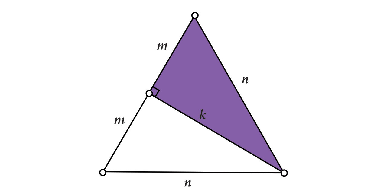Slika prikazuje jednakokračni trokut s osnovicom duljine 2m, a krakovima duljine n.  S istaknutim pravokutnim trokutom koji ima katetu visinu na osnovicu, a hipotenuza je krak trokuta. Istaknute su mjere stranica.