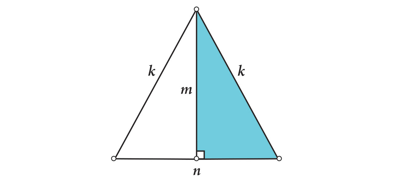Slika prikazuje jednakokračni trokut s osnovicom duljine n, a krakovima duljine k.  S istaknutim pravokutnim trokutom koji ima katetu visinu na osnovicu, a hipotenuza je krak trokuta. Istaknute su mjere stranica.