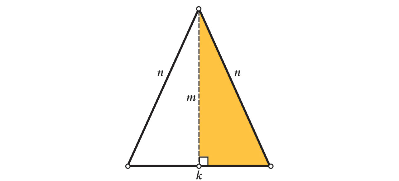 Slika prikazuje jednakokračni trokut s osnovicom duljine k, a krakovima duljine n. S istaknutim pravokutnim trokutom koji ima katetu visinu na osnovicu, a hipotenuza je krak trokuta. Istaknute su mjere stranica.
