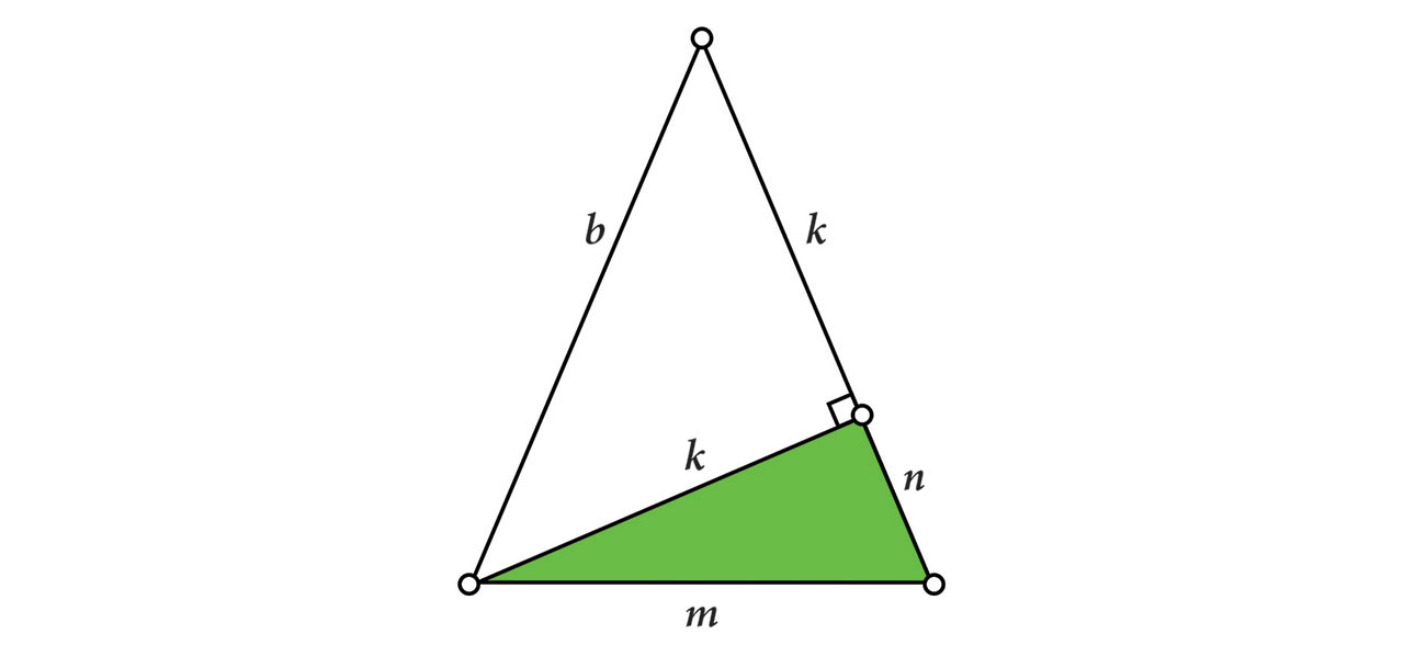 Slika prikazuje jednakokračni trokut s osnovicom duljine m , a krakovima duljine b.  S istaknutim pravokutnim trokutom koji ima za hipotenuzu osnovicu, a kateta visina na krak.