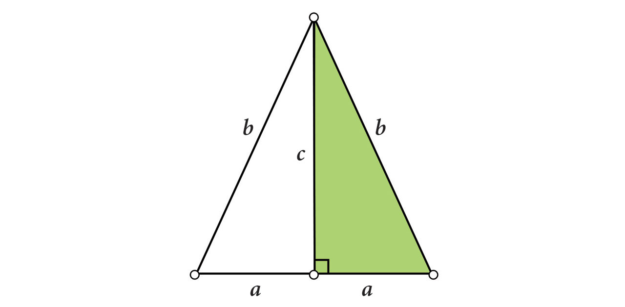 Na slici je jednakokračan trokut s krakovima duljine b i osnovicom duljine 2a. Istaknut je pravokutni trokut koji dijeli početni trokut visinom na dva sukladna trokuta