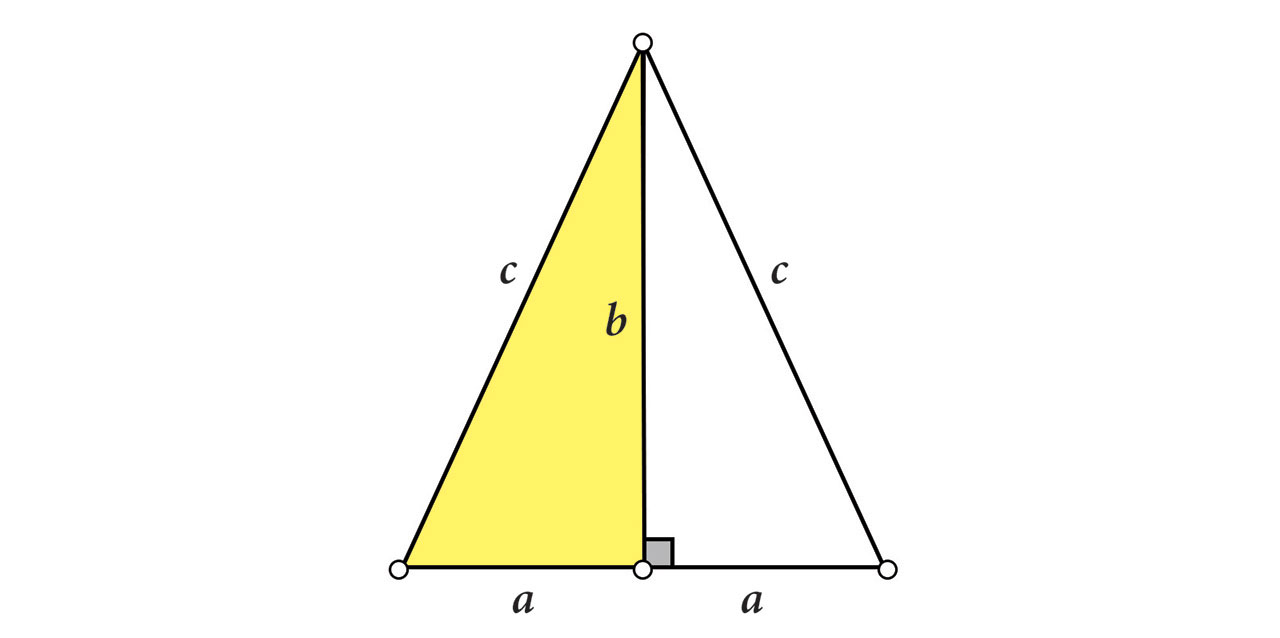 Na slici je jednakokračan trokut s krakovima duljine c i osnovicom duljine 2a. Istaknut je pravokutni trokut koji dijeli početni trokut visinom na dva sukladna trokuta