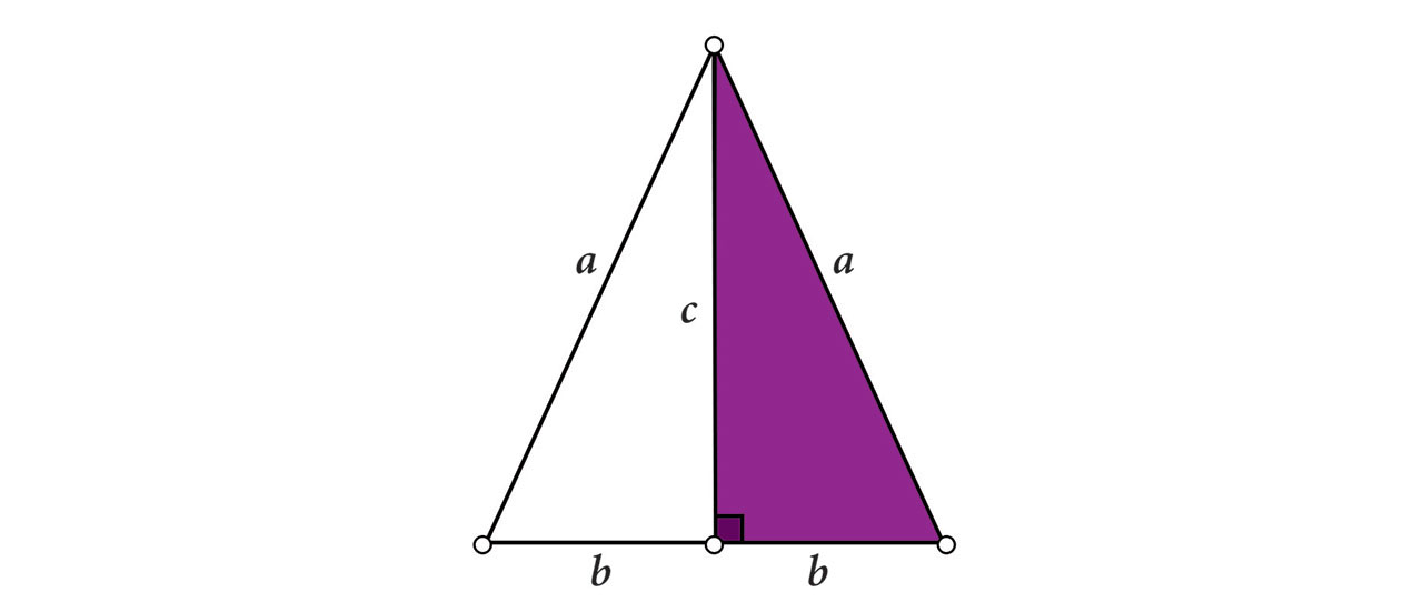 Na slici je jednakokračan trokut s krakovima duljine a i osnovicom duljine 2b. Istaknut je pravokutni trokut koji dijeli početni trokut visinom na dva sukladna trokuta