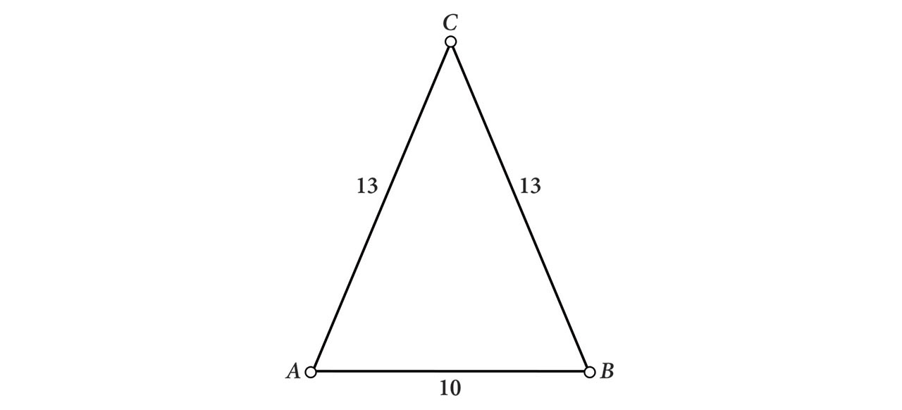 Na slici je jednakokračni trokut ABC s osnovicom duljine 10 i krakovima duljine 13.