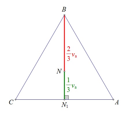 Slika prikazuje ravninski prikaz baze pravilne trostrane piramide s istaknutom visinom podijeljenom u omjeru 2:1