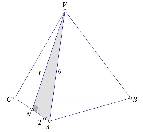 Na slici je pravilna trostrana piramida s istaknutim duljinama bridova i visinom te pravokutnim trokutom na pobočki.
