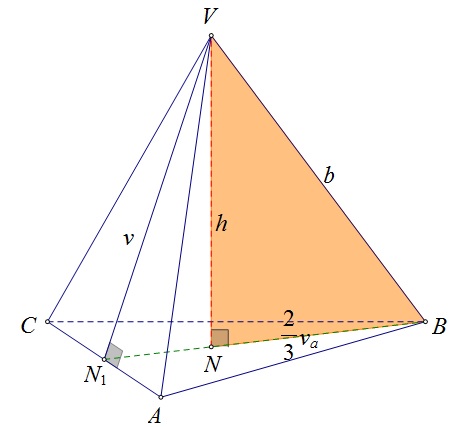 Na slici je pravilna trostrana piramida s istaknutim duljinama bridova i visinom te pravokutnim trokutom u piramidi s visinom jednakom visini piramide, a hipotenuzom jednakom bočnom bridu.