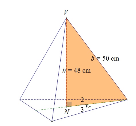 Na slici je pravilna trostrana piramida s istaknutim duljinama bridova i visinom te pravokutnim trokutom u piramidi s visinom jednakom visini piramide, a hipotenuzom jednakom bočnom bridu.