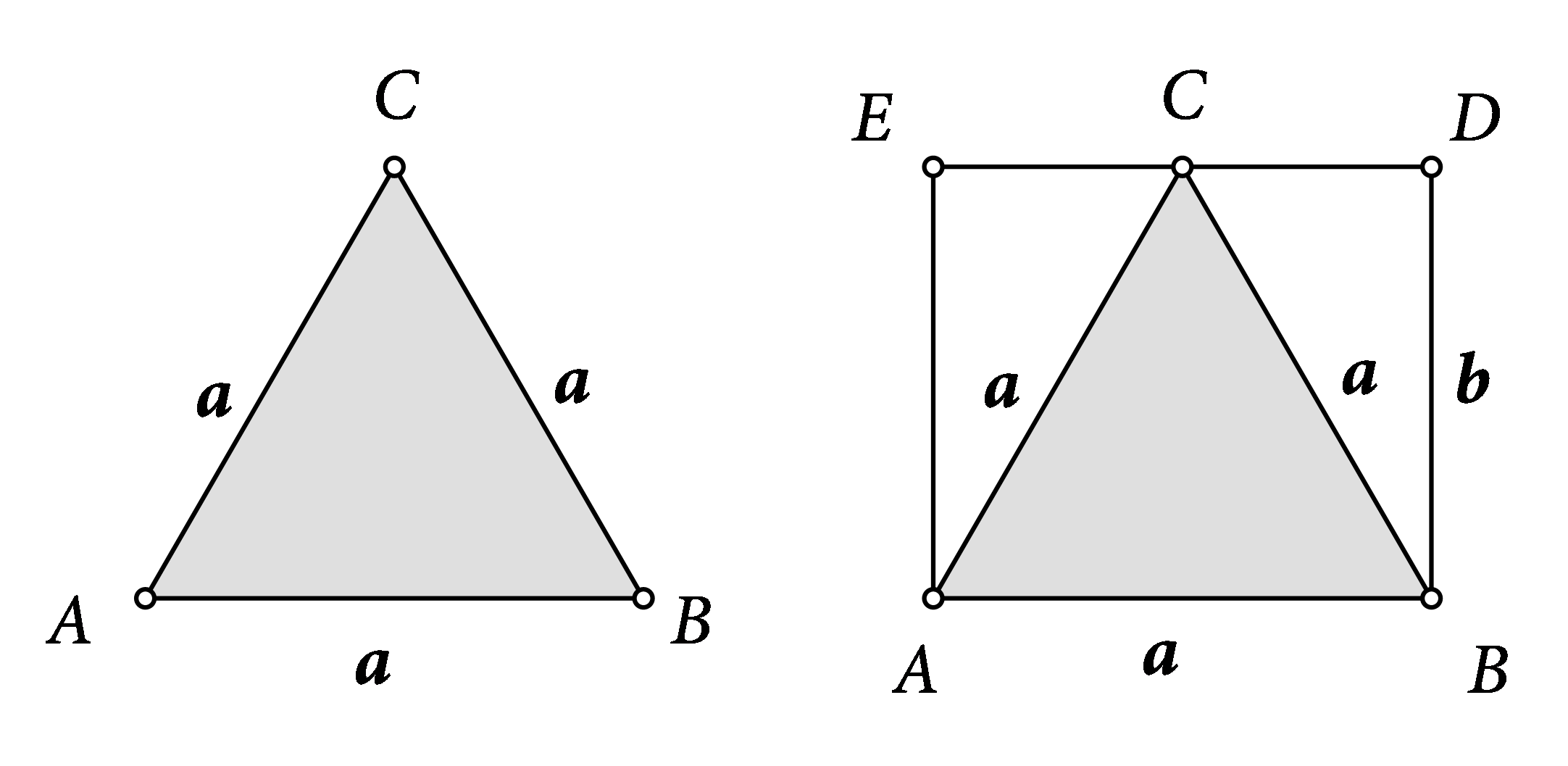 Slike prikazuju jednakostraničan trokut ABC sa stranicom duljine a i isti trokut smješten u pravokutnik ABDE. Jedna stranica pravokutnika podudara se sa stranicom trokuta. Duljina druge stranice pravokutnika označena j slovom b i jednaka je visini jednakostraničnog trokuta.