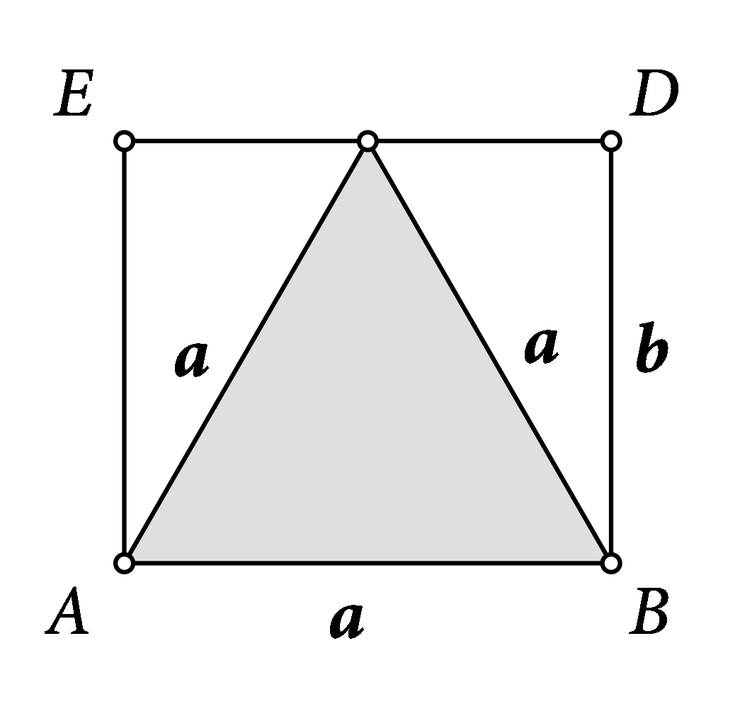Na slici je jednakostraničan trokut smješten u pravokutnik. Jedna stranica pravokutnika podudara se sa stranicom trokuta i njena je duljina jednaka a. Duljina druge stranice pravokutnika jednaka je visini jednakostraničnog trokuta i njena je duljina jednaka b.