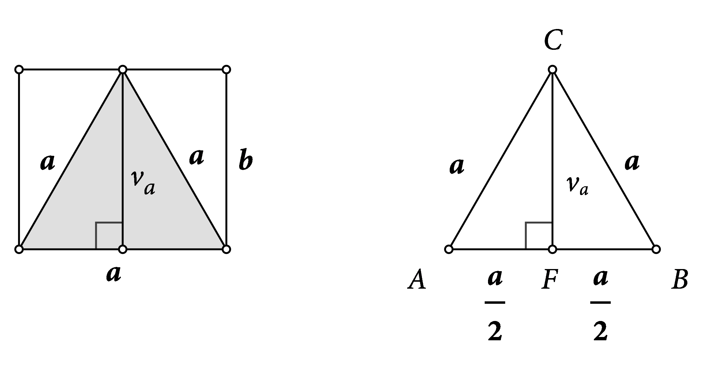 Na slikama je jednakostraničan trokut smješten u pravokutnik. Jedna stranica pravokutnika podudara se sa stranicom trokuta. Duljina druge stranice pravokutnika jednaka je visini jednakostraničnog trokuta. U trokutu je ucrtana visina na stranicu AB.