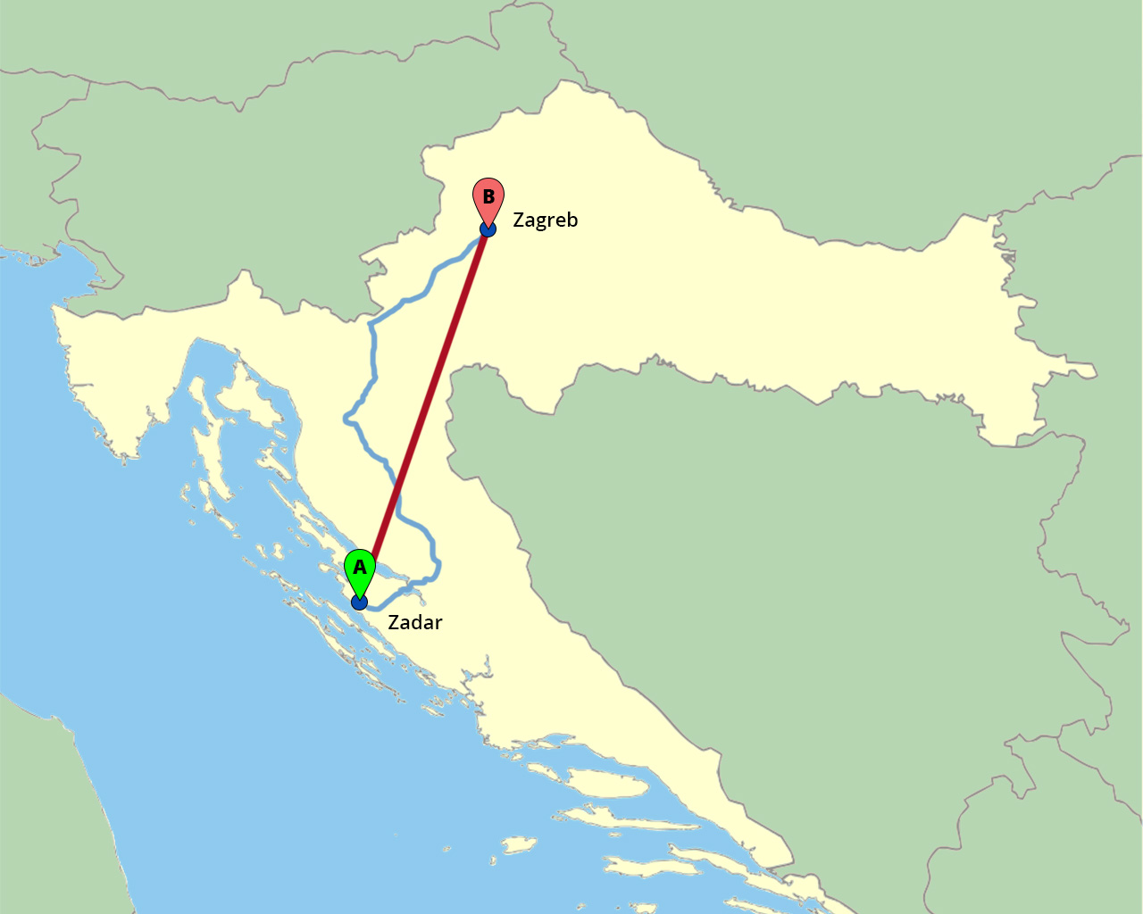 Karta hrvatske s ucrtanim zračnim i kopnenim putem Zagreb - Zadar