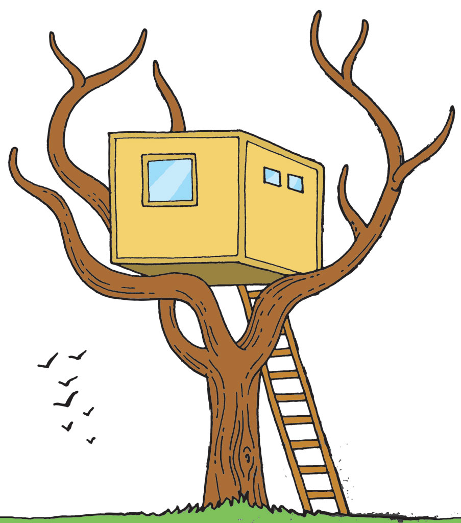 Ilustracija prikazuje kockastu kućica na drvetu