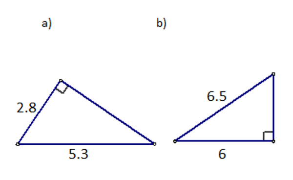 Slika prikazuje pravokutan trokut s hipotenuzom duljine 5.3 i katetom duljine 2.8 te pravokutan trokut s hipotenuzom duljine 6.5 i katetom duljine 6.