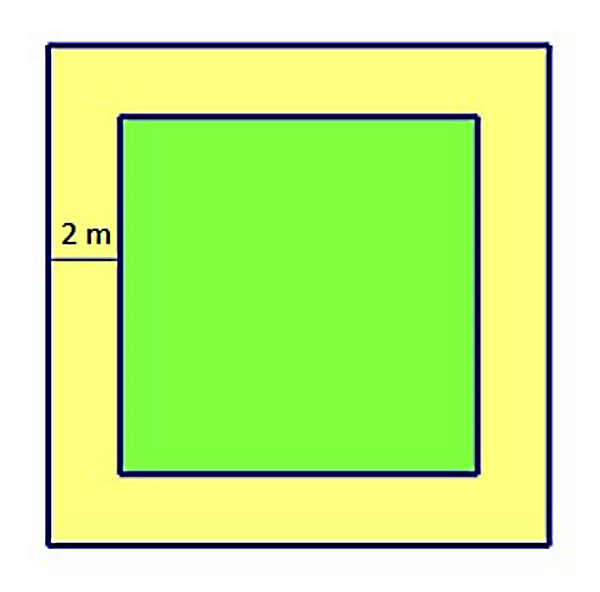 Na slici je prikaz travnatog igrališta u obliku kvadrata koje je upisano u veći kvadrat. Stranice većeg i manjeg kvadrata su usporedne.