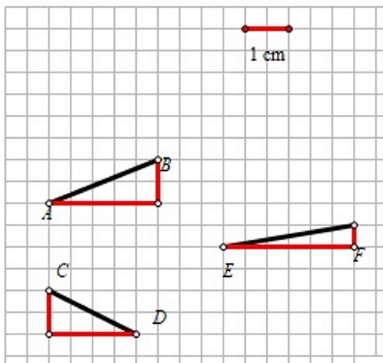 Slika prikazuje četiri dužine iz prethodnog zadatka u mreži kvadratića s nadopunom do pravokutnog trokuta.
