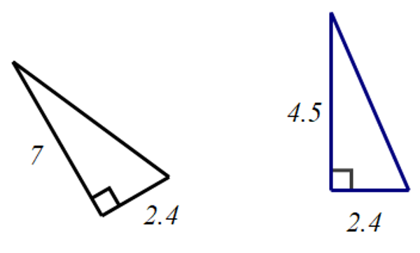 Slika prikazuje pravokutne trokute s istaknutim duljinama kateta (7 i 2.4 te 4.5 i 2.4)..