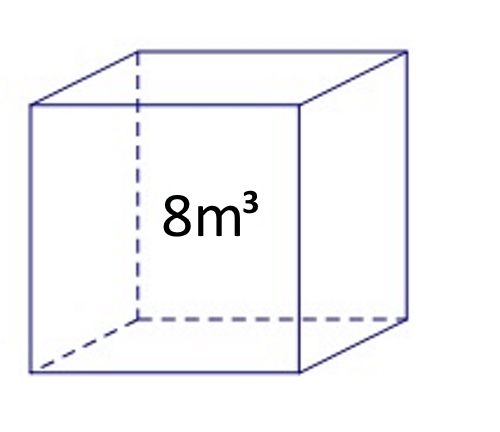 Slika prikazuje kocku čiji je obujam 8 kubičnih metara.