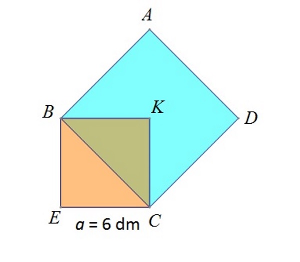 Slika prikazuje kvadrat nastao nad dijagonalom manjeg kvadrata stranice 6 dm.