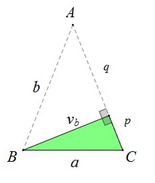 Slika prikazuje mali pravokutni trokut u jednakokračnom trokutu nastao povlačenjem visine na krak