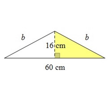 Slika prikazuje jednakokračni trokut zadan duljinom osnovice 60 cm i duljinom visine na osnovicu 16 cm.