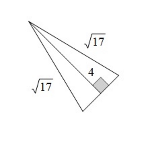 Na slici je jednakokračni trokut sa zadanim duljinama krakova korijen iz 17 i duljinom visine 4 na osnovicu.