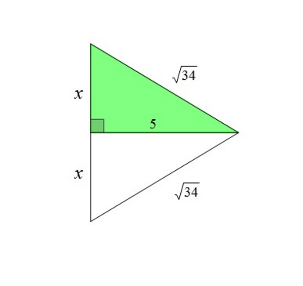 Na slici je jednakokračni trokut sa zadanim duljinama krakova korijen iz 34 i duljinom visine 5 na osnovicu.