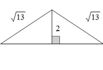 Na slici je jednakokračni trokut sa zadanim duljinama krakova korijen iz 13 i duljinom visine 2 na osnovicu.