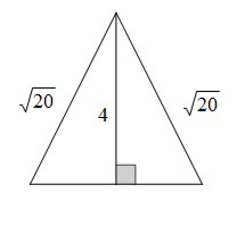 Na slici je jednakokračni trokut sa zadanim duljinama krakova korijen iz 20 i duljinom visine 4 na osnovicu.