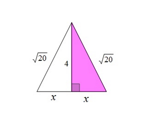 Na slici je jednakokračni trokut sa zadanim duljinama krakova korijen iz 20 i duljinom visine 4 na osnovicu.